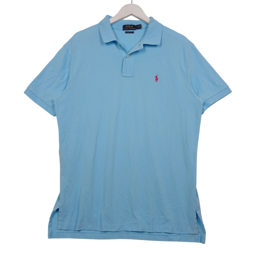 Polo Ralph Lauren Mens Classic Fit Polo Shirt Light Blue Pink Pony Size L